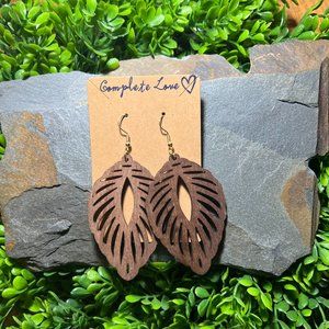 Large Cut Out Leaf Wood Earrings~Boho Statement Earrings~NWT~Great Gift!